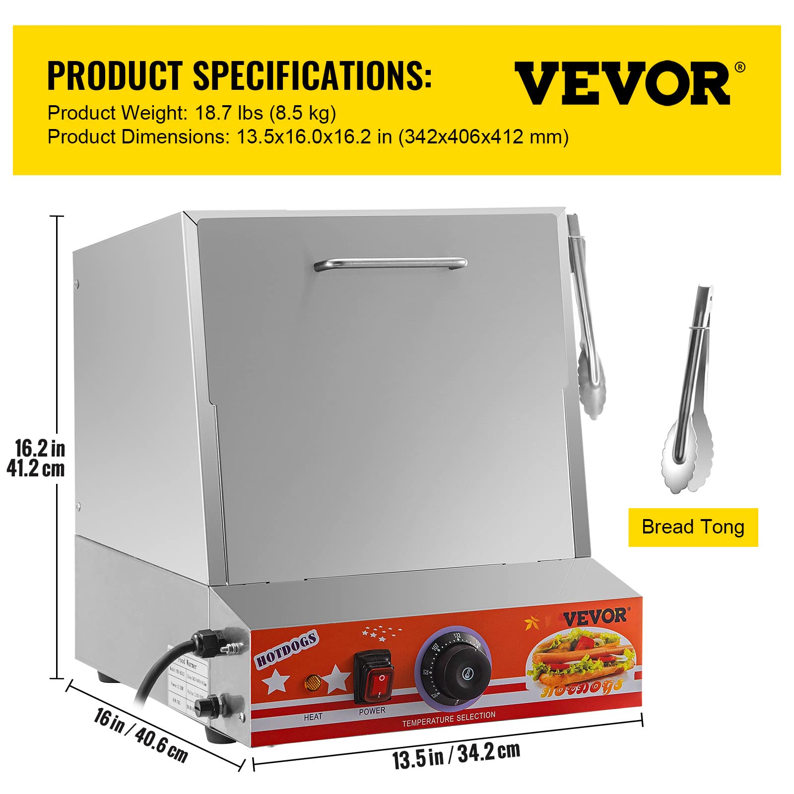 VEVOR Electric Hot Dog Steamer with Bun Warmer, 36L/32.69Qt, Stainless Steel Bun Warmer Cooker with Drop Down Door Acrylic Window Partition Plate Food Clip PTFE Tape for 96 Hot Dogs & 30 Buns