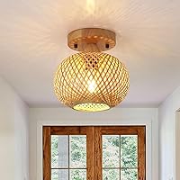 Industrial Semi Flush Mount Ceiling Light, Handmade Bamboo Wicker Lamp Shade, Farmhouse Lighting for Porch Hallway Kitchen Bedroom, Vintage Hanging Light Fixtures, Bulb Not Included