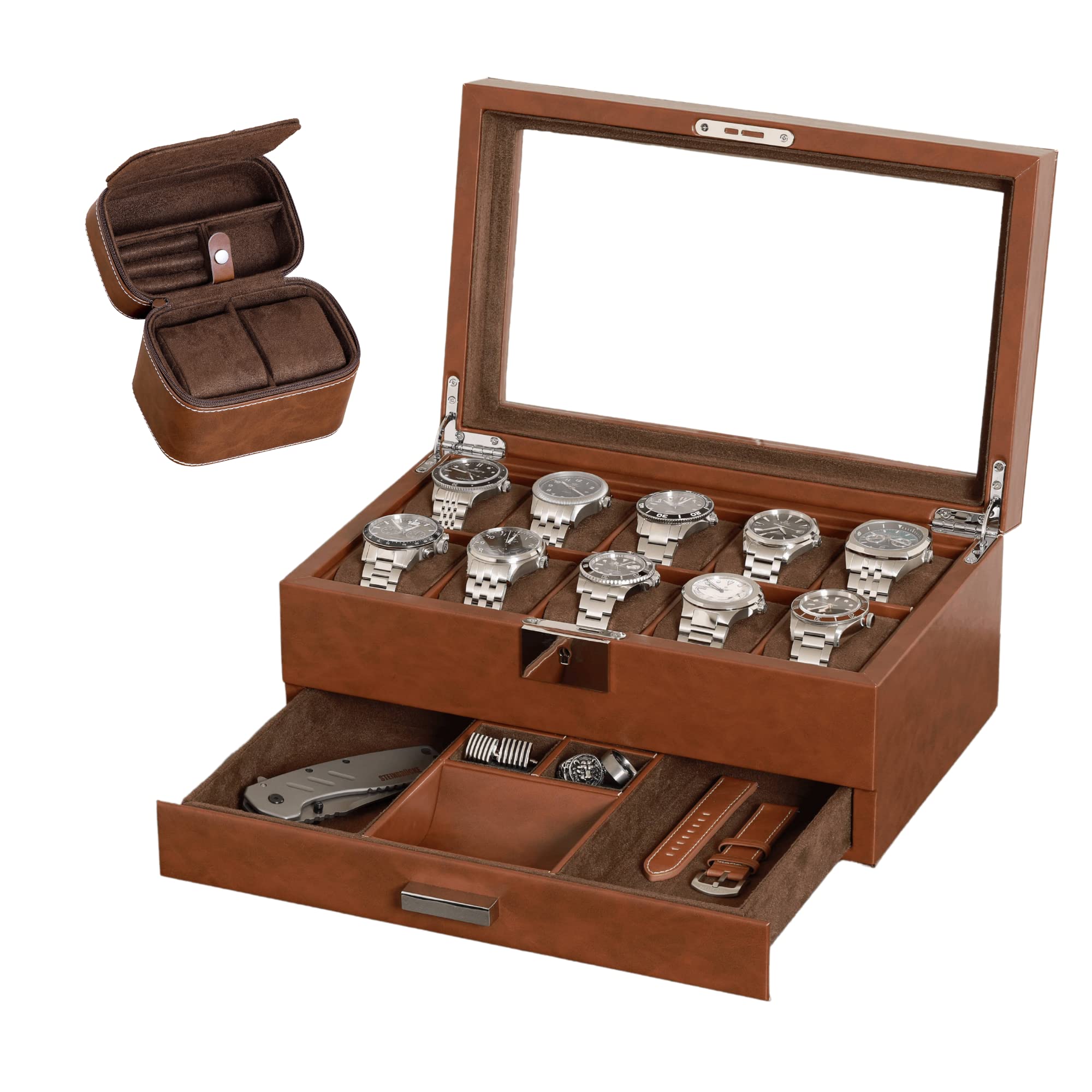 Gift Set 10 Slot Leather Watch Box with Valet Drawer & Matching 2 Watch Travel Case - Luxury Watch Case Display Organizer, Locking Mens Jewelry Watches Holder, Men's Storage Boxes Glass Top Tan/Brown