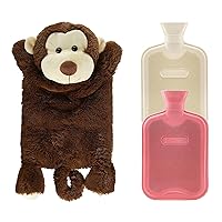 HomeTop Classic 2 Rubber Hot Water Bottles with Cute Stuffed Monkey Cover, Great for Pain Relief, Hot and Cold Therapy (2 Liters, White and Red)