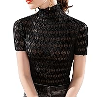Women's Lace Crochet Top Mock Neck Short Sleeve Hollow Out Stretchy Blouses Elegant Sheer Mesh Work Shirts