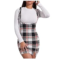 Women's Fashion Plaid Sexy Dress for Party Suspender Skirt with Split Buttock Versatile Dress