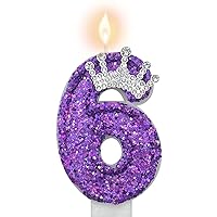 Purple Number 6 Candle for Girl Birthday Party Decorations, Girl 6th Birthday Party Decorations Supplies, 3D Crown Designed Purple Number Candles for Birthday Cake Topper Decorations
