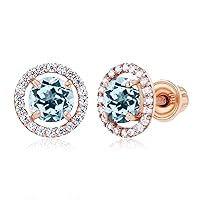 Solid 14K Gold 8mm Halo Natural Birthstone Screwback Stud Earrings For Women | 5mm Round Birthstone | 1mm Created White Sapphire Halo Screwback Earrings For Women and Girls