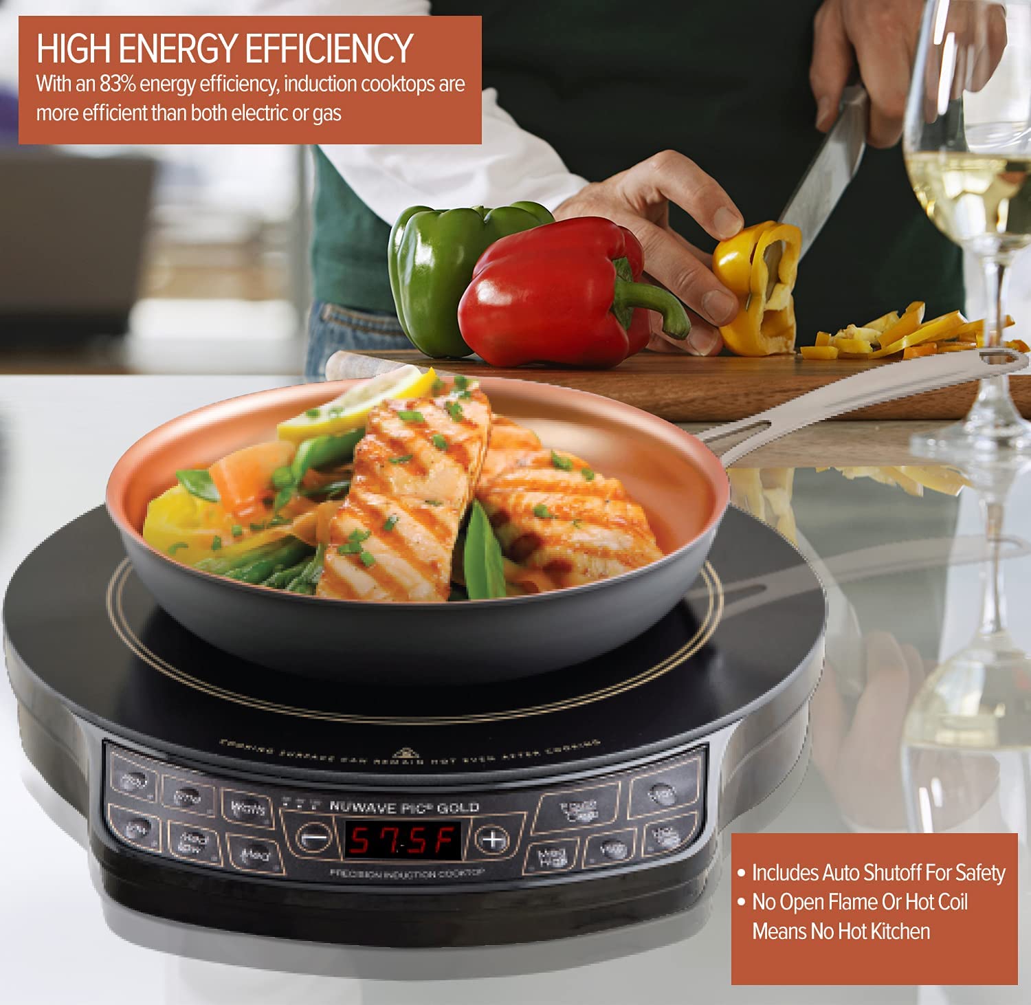 Nuwave Gold Precision Induction Cooktop, Portable, Large 8” Heating Coil, 12” Shatter-Proof Ceramic Glass Surface, 51 Temp Settings from 100°F - 575°F, 3 Watt Settings 600, 900, & 1500 Watts (Renewed)