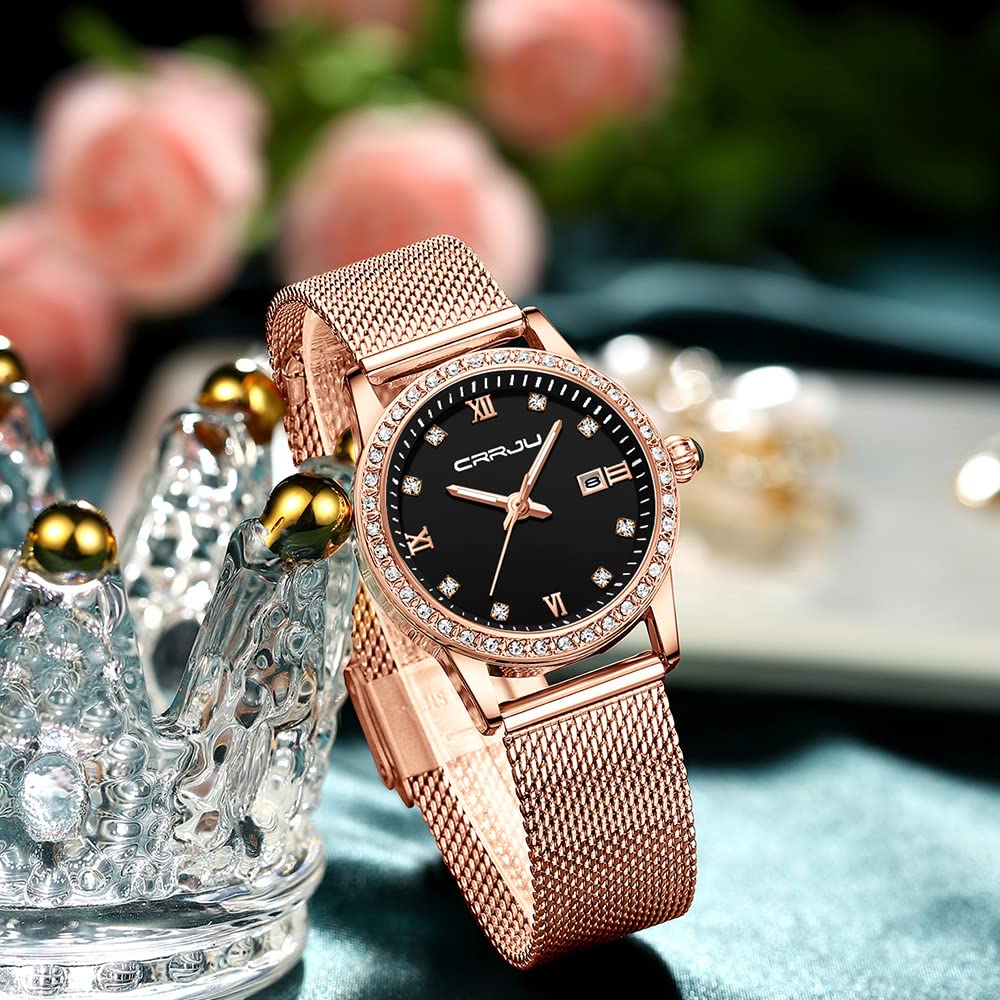 CUENA Women Wrist Watches Waterproof Crystal Ladies Minimalist Rose Gold Mesh Stainless Steel Band Wristwatch Slim Analog Quartz Luxury Rhinestone with Date