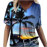Women's V Neck T Shirt Palm Sunset Graphic Shirts Summer Casual Tops Plus Size Short Sleeve Tunic Loose Fit Blouses
