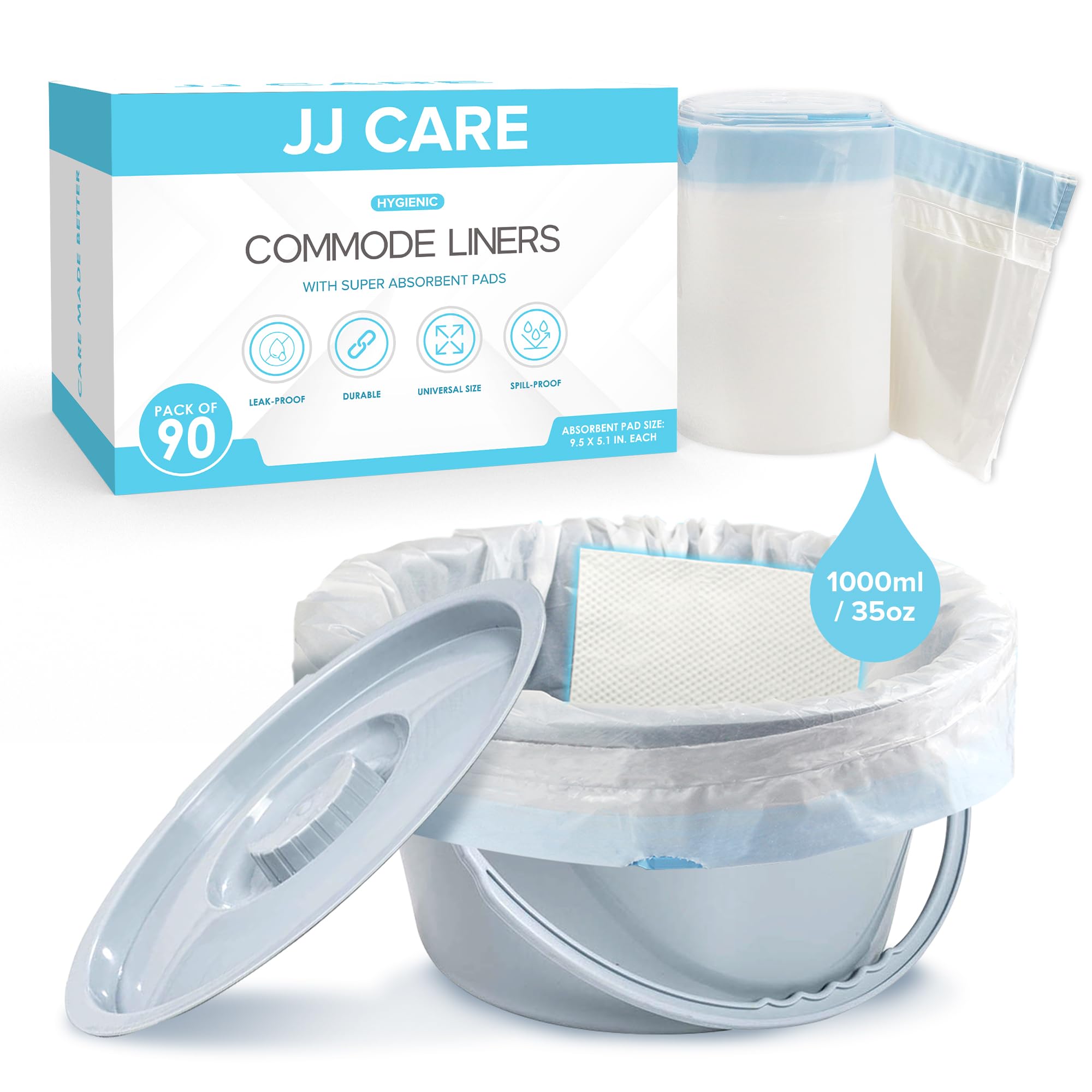 JJ CARE Commode Liners for Bedside Toilet Chair Bucket - Pack of 90 Disposable Bedside Commode Liners with Absorbent Pads - Adult Potty Chair Liners & Portable Toilet Liner