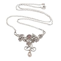 NOVICA Handmade Garnet Cultured Freshwater Pearl Pendant Necklace Floral .925 Sterling Silver Indonesia Gemstone Birthstone 'Garden Vine'