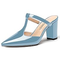 Women's Pointed Toe Slip On T Strap Wedding Patent Dress Block High Heel Pumps Sandals Shoes 3.3 Inch