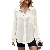 Blooming Jelly Womens Waffle Knit Shacket Jacket Long Sleeve Button Down Shirts Dressy Blouses Tops