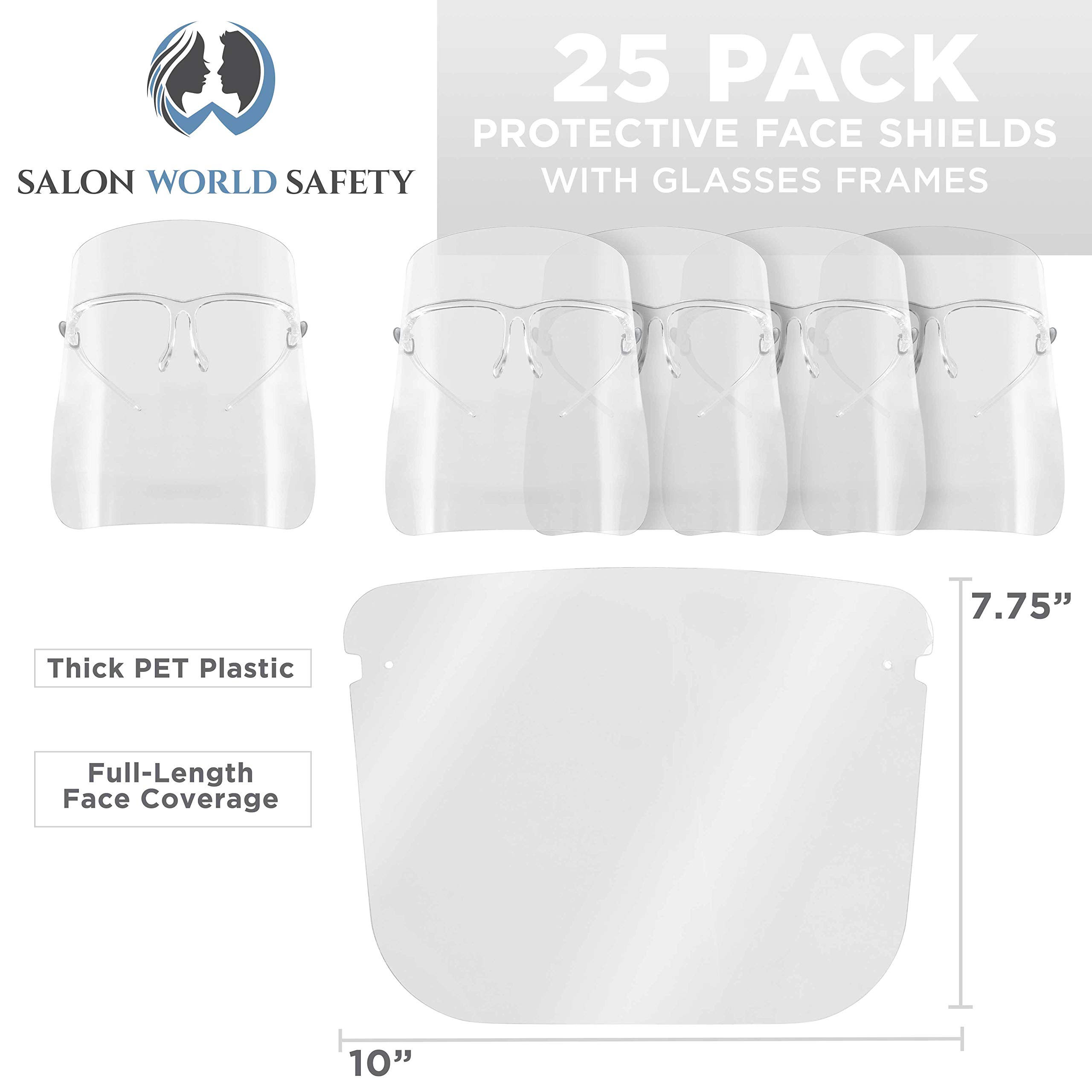 TCP Global Salon World Safety Face Shields with All Clear Glasses Frames (Pack of 25) - Ultra Clear Protective Full Face Shields to Protect Eyes, Nose, Mouth - Anti-Fog PET Plastic, Goggles