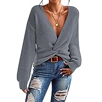 Pink Queen Women's 2023 Casual Pullover Sweaters Sexy V Neck Long Sleeve Twsit Knot Cropped Knit Sweater Tops