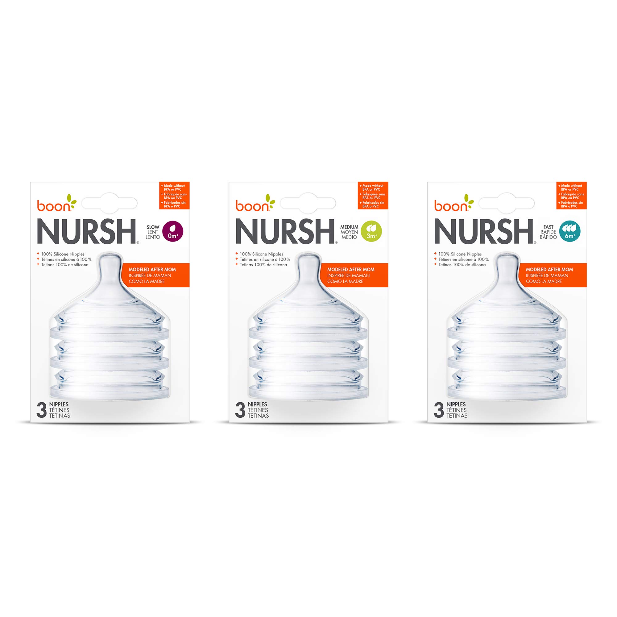 Boon NURSH Silicone Replacement Nipple, Air-Free Feeding, Stage 1 Slow Flow, Birth and Up (Pack of 3)