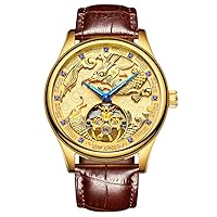 AILANG Top Men's Luxury Brand Watch Gold Plated Mechanical Gear Watches Expensive Leather Strap Dragon Horse Clock Chinese Style