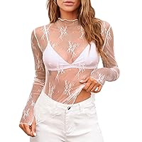 Women's Long Sleeve Mesh Tops Mock Neck Sheer Blouses See Through Floral Lace Tops S-XXL