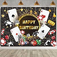Casino Birthday Backdrop Las Vegas Casino Night Party Background for Casino Theme Poker Dice Gold Glitter Happy Birthday Party Decorations Banner (7X5FT(82x59inch))