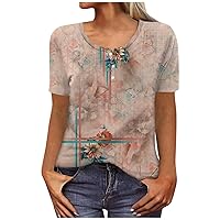 Women's New Button V-Neck Fashion Print Short Sleeve Retro Print T-Shirt Slim Top Casual Loose Comfortable Tops