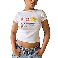 Y2k Baby Tees for Women Cute Olive Bowl Graphic Print Crop Tops Crew Neck Fruit Aesthetic Shirts Summer Girl Clothes