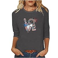 Womens 3/4 Length Sleeve Tops 2024, Independence Day Casual T Shirts Crew Neck Loose-Fitting Dressy Blouses