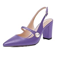 Womens Slingback Solid Pointed Toe Buckle Dating Matte Dress Block High Heel Pumps Shoes 3.3 Inch