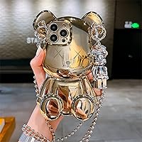 LANJINDENG Compatible with iPhone 14 Pro Max Case Cute 3D Cartoon Gold Teddy Bear with Metal Chain Strap Bell Pendant Sparkle Bling Luxury Designer Soft Protection Cover for Women Girls