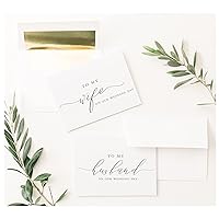 To My Wife To My Husband On Our Wedding Day Card 4x5.5 Folded White Card with Black Caligraphy with Gold Foil Lined Envelopes 2 Card Set Vow Cards Elegant Minimalist Style Wedding Cards