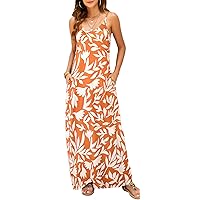 Supnier Women's Summer Maxi Dress Casual V-Neck Sleeveless Bohemian Spaghetti Strap Floral Long Maxi Dress with Pockets