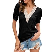 2024 Women Summer Tops Casual V Neck Lace Eyelet Tee Shirts Puff Sleeves Elegant Tunic Tops Fashion Loose Fit Blouse