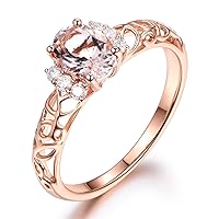 Pink Morganite Engagement Ring,Solid 14K Rose Gold Band,Diamond Wedding Band,5x7mm Oval Cut Stone