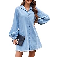 Zilcremo Women's Button Down Babydoll Denim Dress Long Sleeve Jean Shirt Dress with Pockets