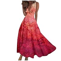 Sequin Dress, Flowy Dresses for Women Womens Dresses for Wedding Guest V Neck Dress Womens Casual Sleeveless Fashion Maxi Women's Retraction Printed Outdoor Boho Weekend Waist (Wine,XX-Large)