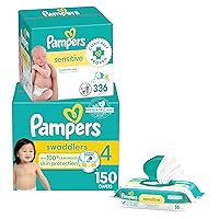 Swaddlers Disposable Baby Diapers Size 4, One Month Supply (150 Count) with Sensitive Water Based Baby Wipes 6X Pop-Top Packs (336 Count) [Packaging May Vary]