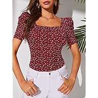 Women's T-Shirt Heart Print Puff Sleeve Tee (Color : Burgundy, Size : Tall XL)