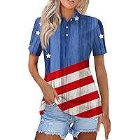 American Flag 4Th of July 2024 Women's Tops Casual Star Stripes Print Button Down Lapel Neck Short Sleeve Polo Shirts