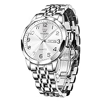 OLEVS Silver Watch Men Business Stainless Steel Watches Analog Quartz Water Resistant Men's Watch Big Face Dress Watch Men with Battery Day Date Fashion White Watch,9970 Silver White