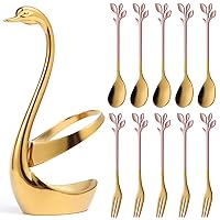 AnSaw Gold Small Swan Base Holder With Pink & Gold 4.7Inch leaf Handle 5Pcs Coffee Spoon And 5Pcs Fruit Forks Set