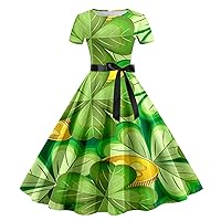 XJYIOEWT Banquet Dresses,Women St Pa Day Print Short Sleeve 1950s Housewife Evening Party Prom Dress Short Sleeve Dress