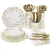 Party Supplies Set - 280 Pieces of White and Gold Dot Paper Plates, Cups, Napkins, and Heavy Duty Silverware for 40 Guests for Birthdays, Graduation, Wedding, Festivals