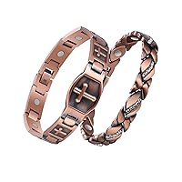 Copper Bracelets for Women and Men,Magnetic for Arthritis Pain Relief Effective Therapy for RSI&Carpal Tunnel,Jewelry Gift with Adjust Tool(Classic Cross&Pure Copper Crystal) Pack of 2