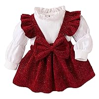 ACSUSS Infant Baby Girls Long Lantern Sleeve Pullover Blouse with Big Bowknot Ruffled Suspender Skirt