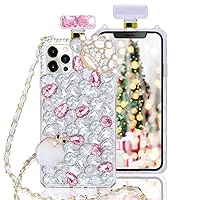 LUVI Compatible with iPhone 12/12 Pro Perfume Bottle Case Cute Bling Diamond Rhinestone Glitter for Women Girls with Crossbody Neck Strap Lanyard Chain 3D Handmade Phone Case Pink