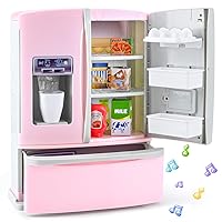 PLAY Kids Kitchen Refrigerator with Ice Dispenser, Pretend Play Fridge Kitchen Set for Toddlers, Toy Kitchen Appliance Accessories for Girl Boy Christmas Birthday Gift Age 1-3 4-8, Pink