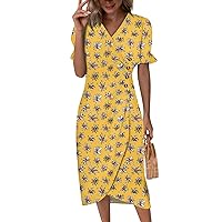 Wedding Guest Dresses for Women Floral Print Puff Sleeve V-Neck Loose Flowy Cocktail Sundress Button Down Formal Club
