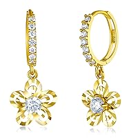 Ladies 14k Two Tone Gold Polished Fancy Huggies Dangle Hanging Drop Flower Earrings (10 X 28mm)