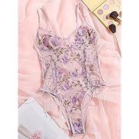 Lingerie for Women Sexy Lingerie Sets Butterfly Embroidered Mesh Teddy Bodysuit Sleep & Lounge (Color : Mauve Purple, Size : Large)