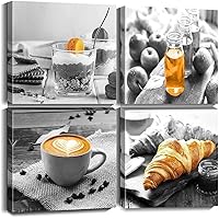 Oilpa Art Coffee Canvas Wall Art Bakery Decor Modern Black and White Food Canvas Art Pictures Painting Drink Pints Artwork Kitchen Cafe Wall Decor Ready to Hang 16x16 4 Panels Set