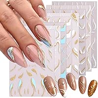 8Sheets Gold Line Nail Art Stickers Shiny Glitter 3D Nail Decals Reflective Sparkly Wave Gold Glitter Geometric Lines Swirl Strip Nail Design Curve Stripe French Tip Manicure Women DIY Nail Decoration