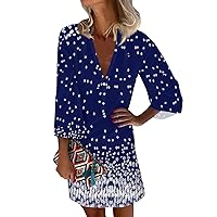 Red and Blue Dress for Women Patriotic Dress for Women Sexy Casual Vintage Print with 3/4 Length Sleeve Deep V Neck Independence Day Dresses Royal Blue X-Large