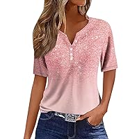 Sequin Tops for Women Short Sleeve V Neck 2024 Summer Casual T Shirt Fashion Sparkly Print Button Up Basic Blouses